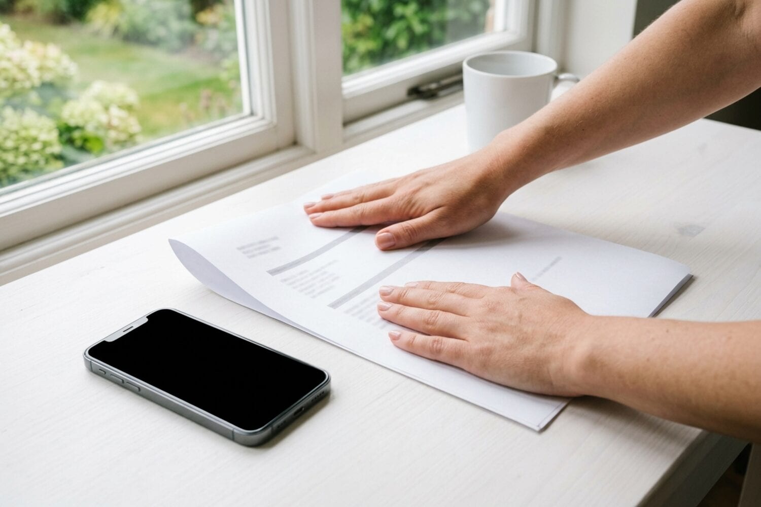 Hands flatten a slightly curled sheet of paper on a white desk near a window while an iPhone rests beside it