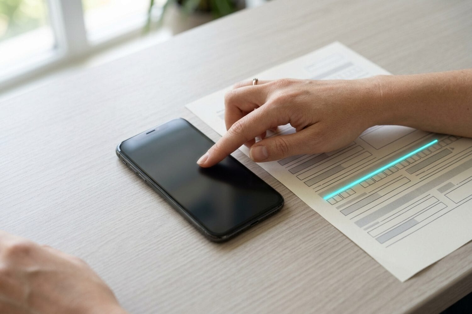 A finger tapping the screen of an iPhone next to a printed form, a thin cyan line along one row of the form
