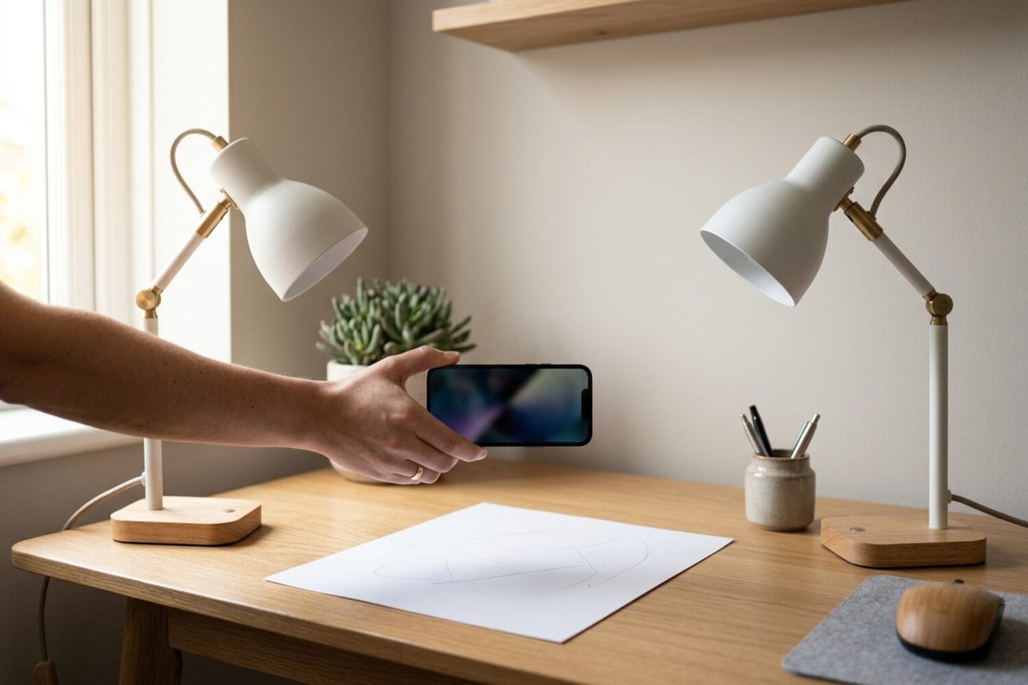 Two desk lamps lighting a white sheet of paper evenly from both sides while a hand holds an iPhone near it