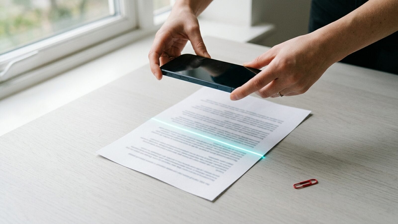 Des mains tiennent un iPhone au-dessus d’une feuille imprimée sur un bureau clair, une fine ligne de lumière cyan traverse le papier