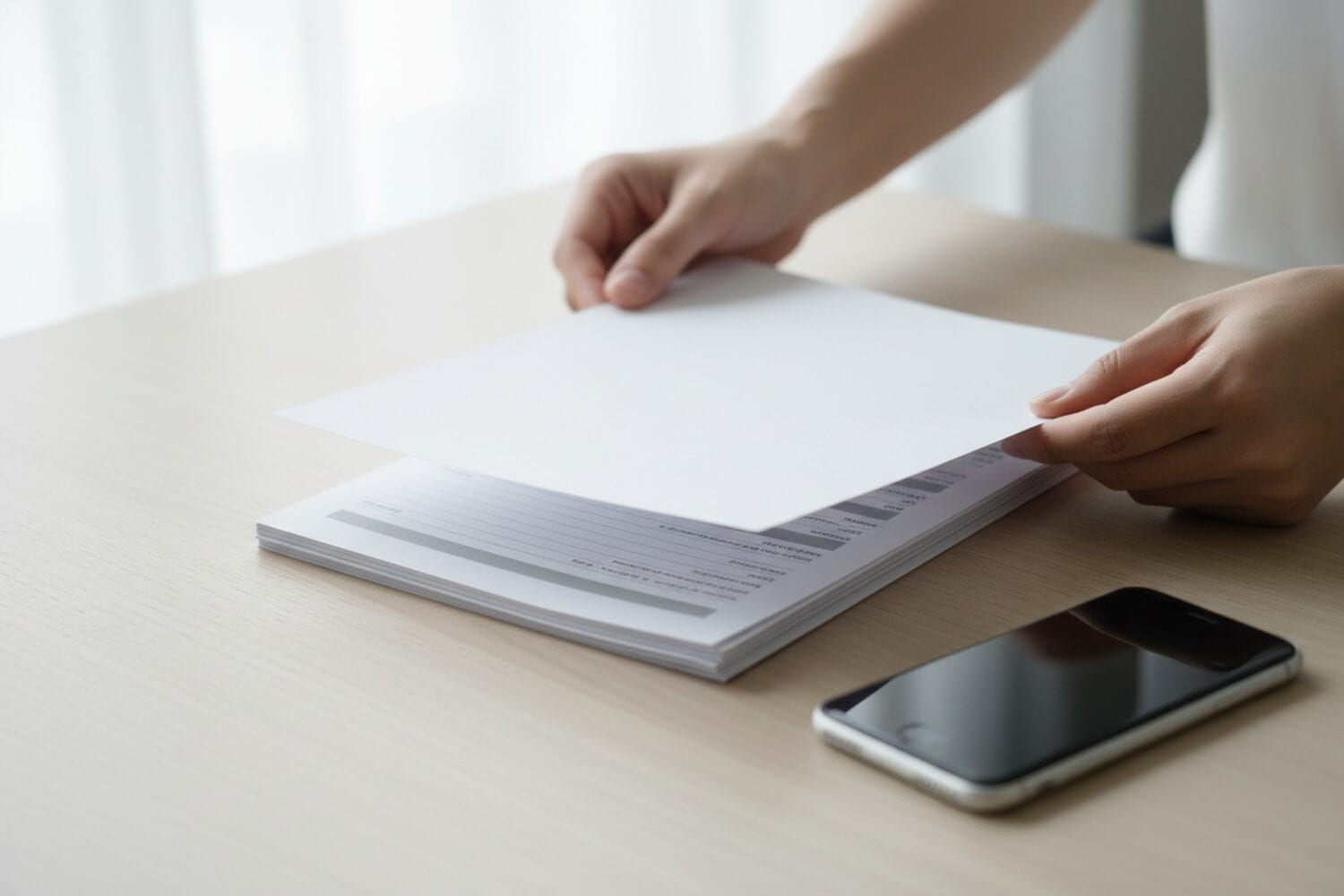 Deux mains posent une feuille blanche sur une petite pile de pages imprimées à côté d'un iPhone