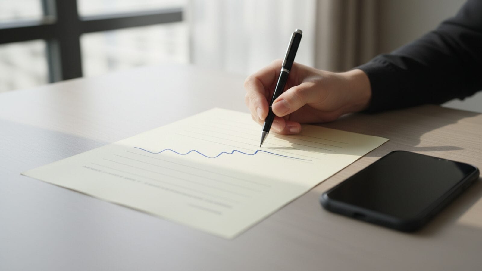 Une main tient un stylo au-dessus d'un contrat imprimé et signé, à côté d'un iPhone à l'écran sombre, sur un bureau clair près d'une fenêtre