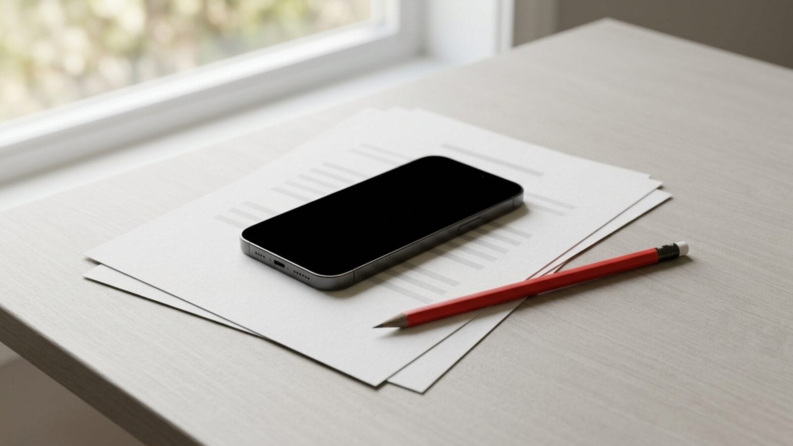 Un iPhone posé sur un document imprimé, sur un bureau clair près d'une fenêtre