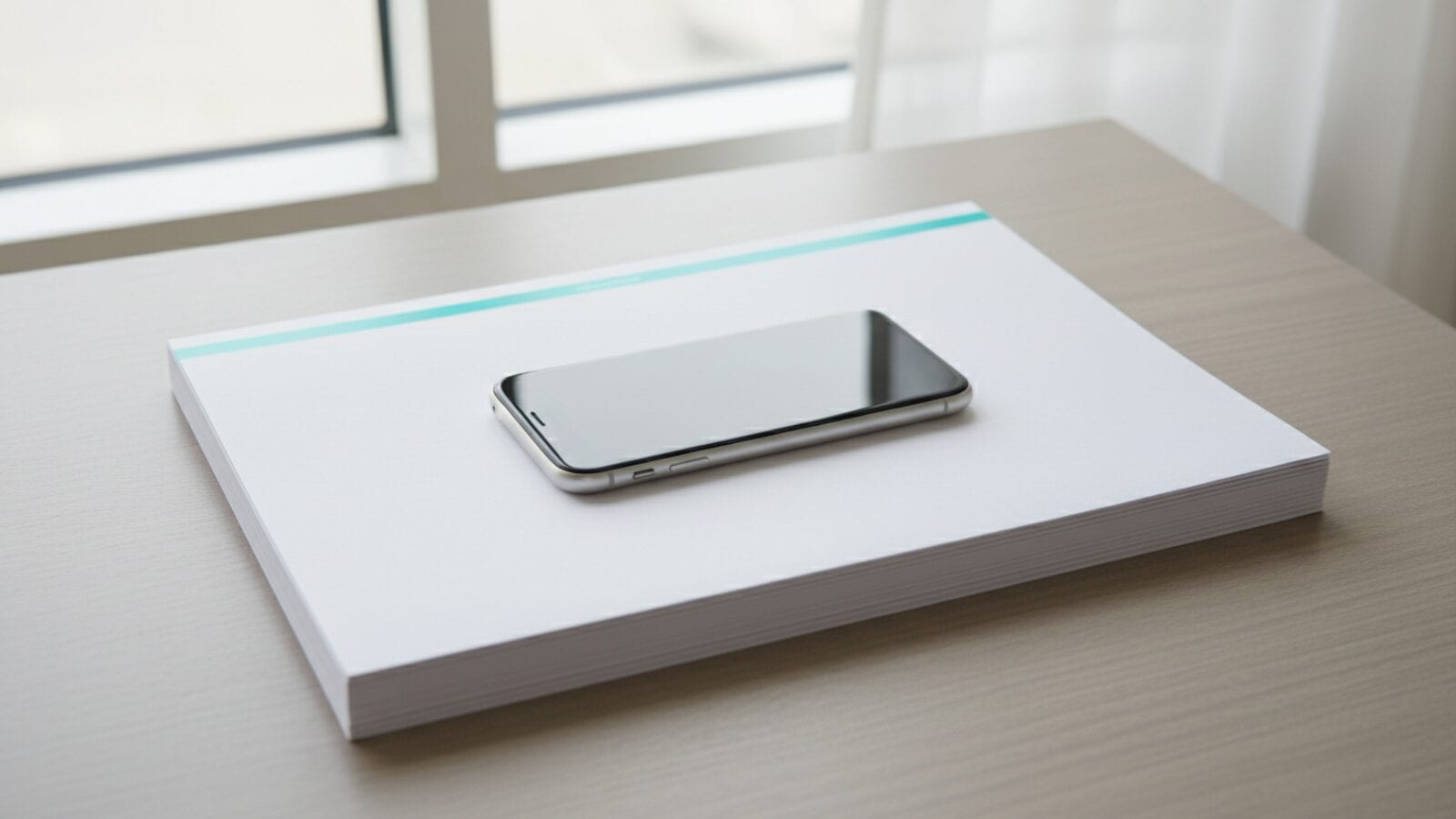 Um iPhone com a tela escura sobre uma pilha de folhas brancas em uma mesa clara perto da janela, com uma linha fina de luz ciano sobre a folha de cima