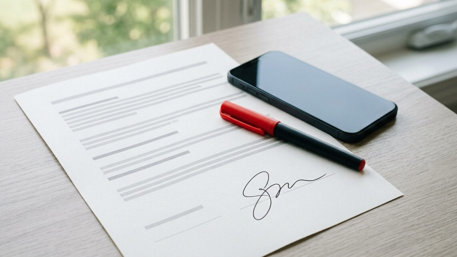 Un stylo et un iPhone posés sur un contrat papier signé, sur un bureau clair
