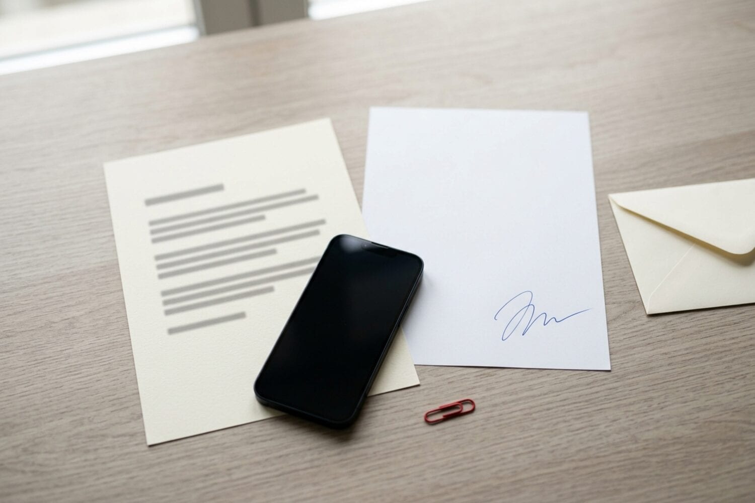Um iPhone sobre uma carta impressa ao lado de uma folha assinada e de um envelope numa mesa clara