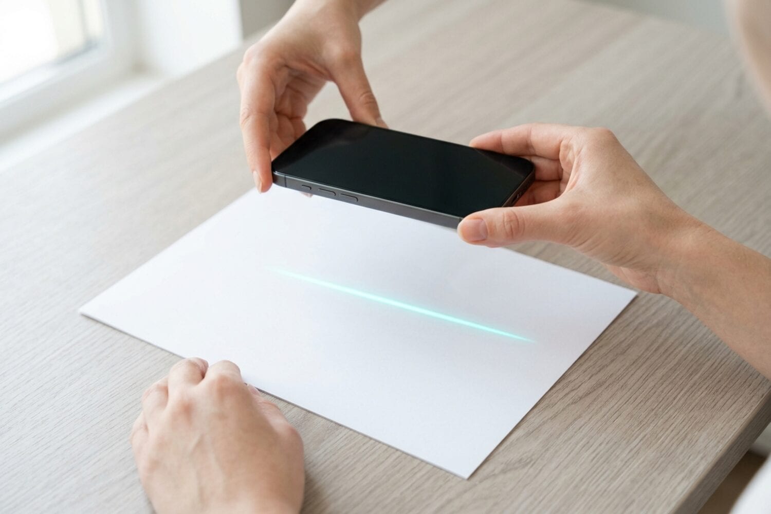 Two hands hold an iPhone over a blank sheet of paper while a thin cyan line crosses the page
