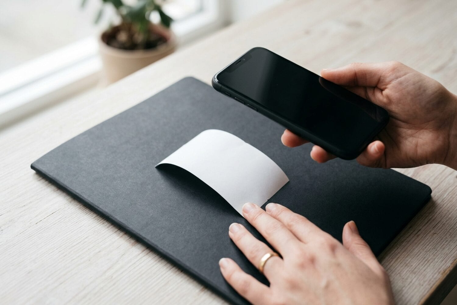 Eine Hand hält einen gewellten leeren Kassenbon flach auf einer dunklen Mappe, die andere Hand hält ein iPhone darüber