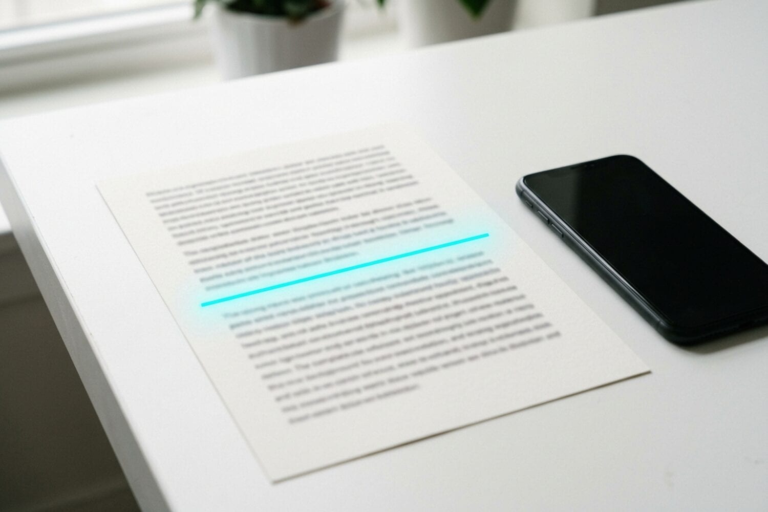 A printed page on a light desk with a thin cyan light line crossing it, next to a dark iPhone screen
