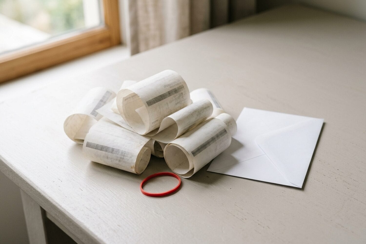 Uma pilha de recibos térmicos enrolados e desbotados ao lado de um envelope