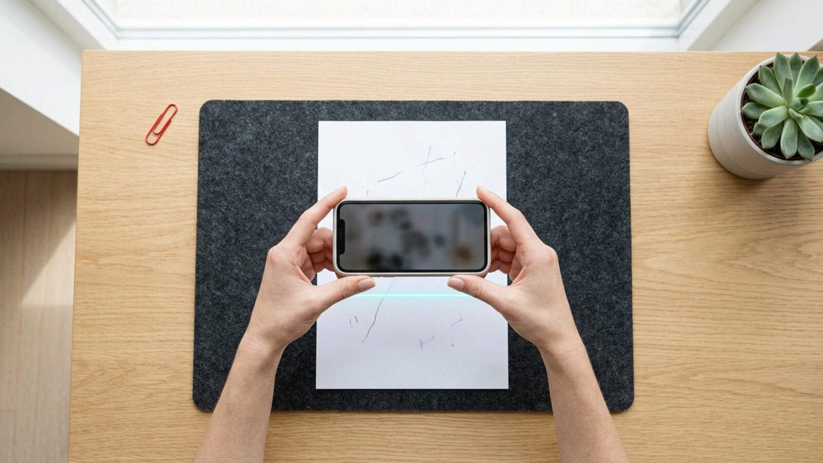 Des mains tiennent un iPhone à plat au-dessus d'une feuille blanche posée sur un tapis sombre près d'une fenêtre