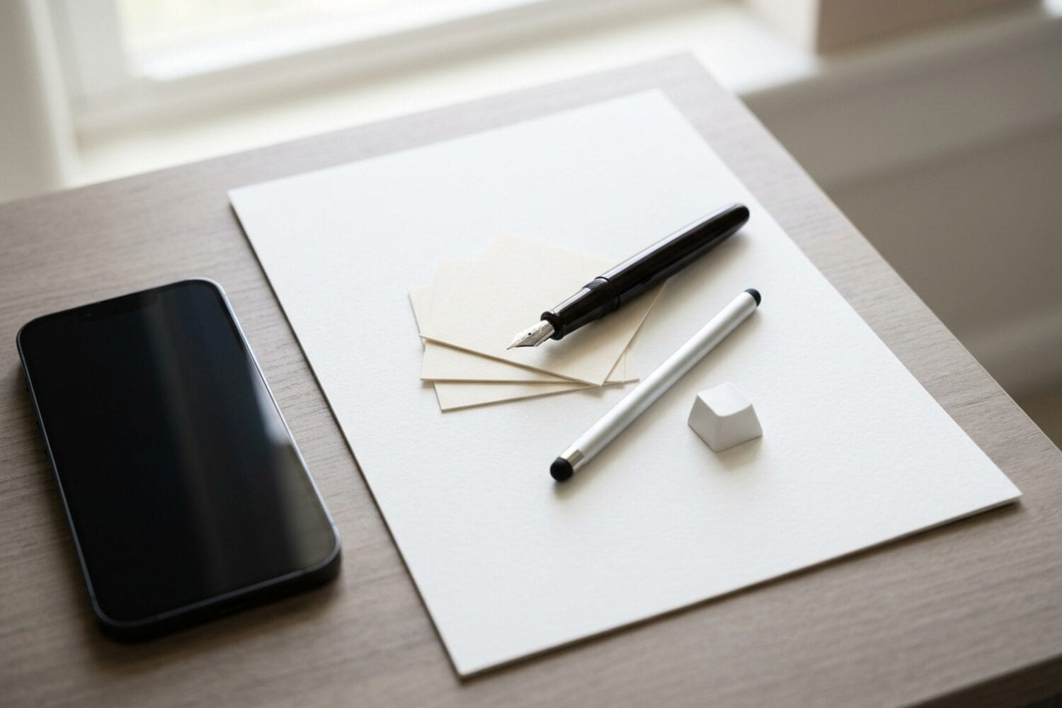 A fountain pen, a stylus and a blank keycap on a sheet of paper next to an iPhone: the pen, the stylus and the key stand for signing, drawing and typing