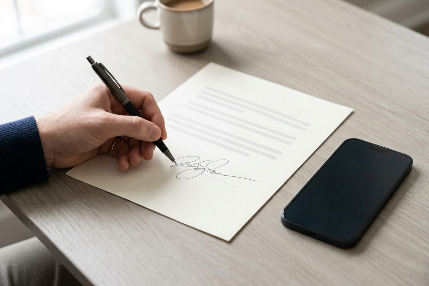 Une main signe un document papier avec un stylo, un iPhone posé à côté