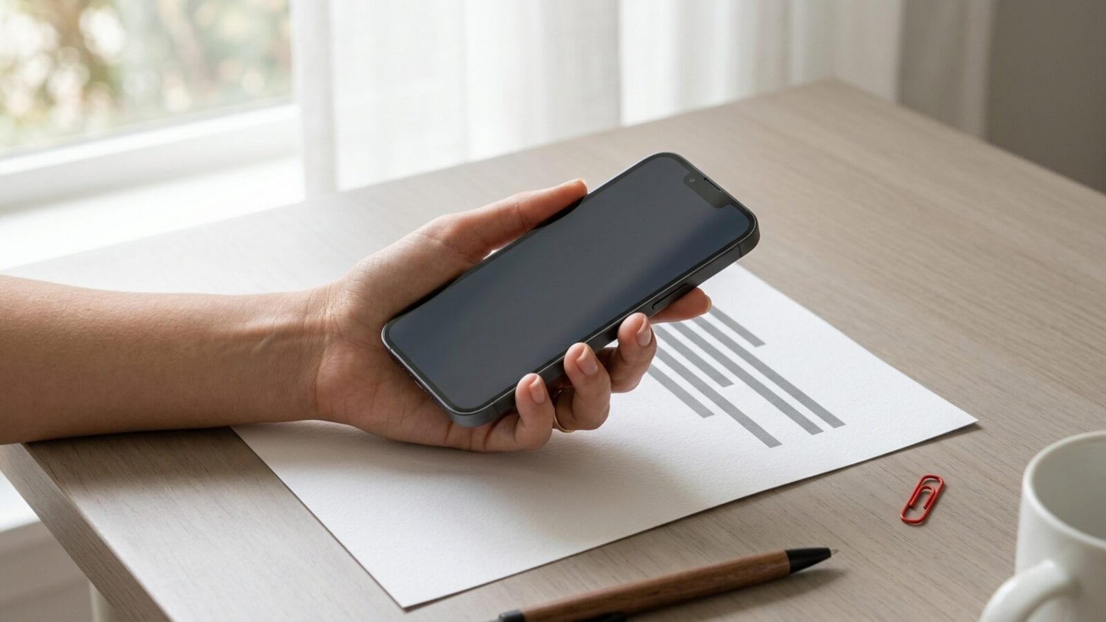 Una mano sostiene un iPhone con la pantalla oscura sobre una hoja impresa en un escritorio claro junto a una ventana