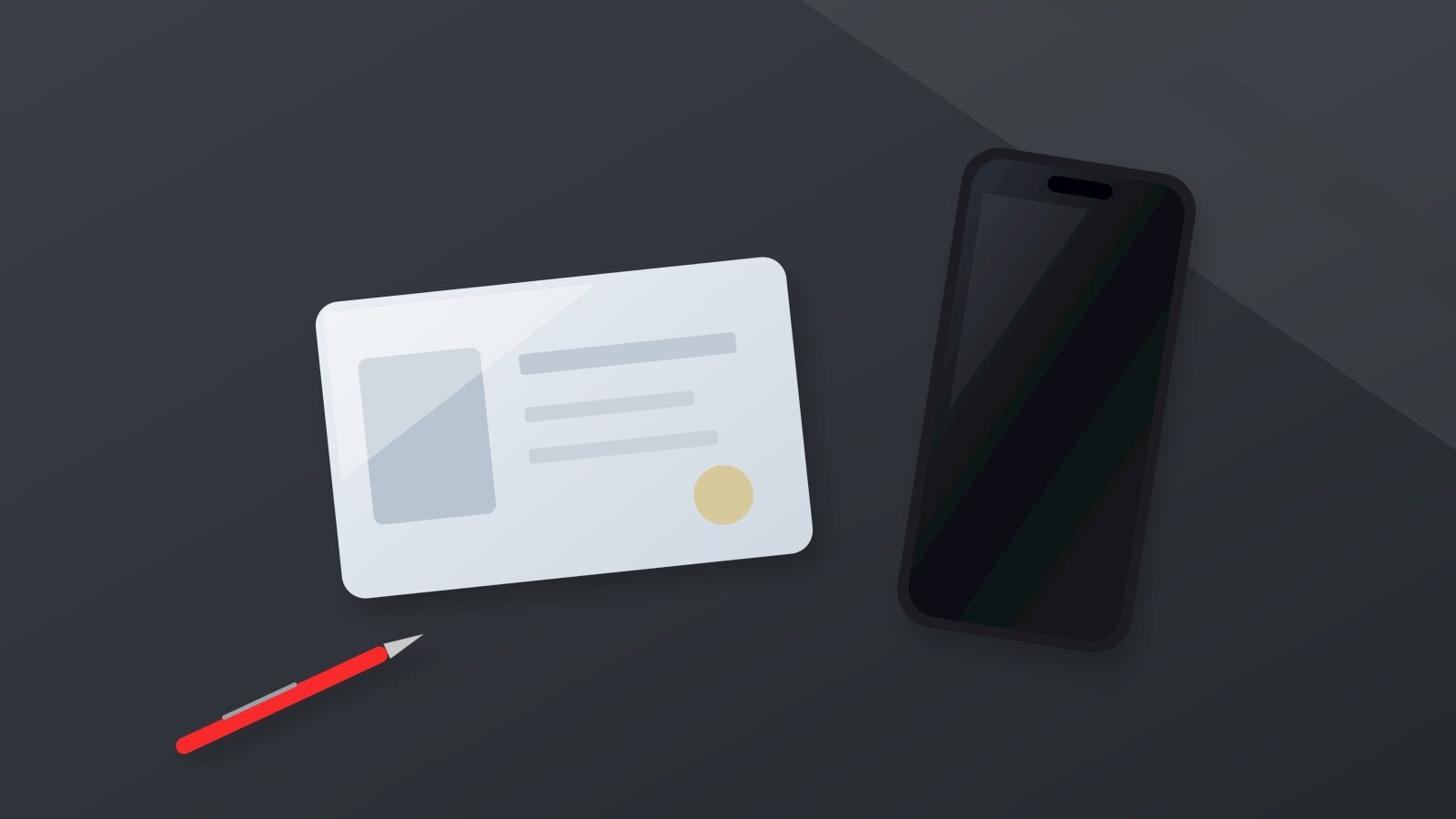 Una tarjeta de plástico en blanco, un bolígrafo rojo y un iPhone con la pantalla apagada sobre un escritorio de pizarra oscura
