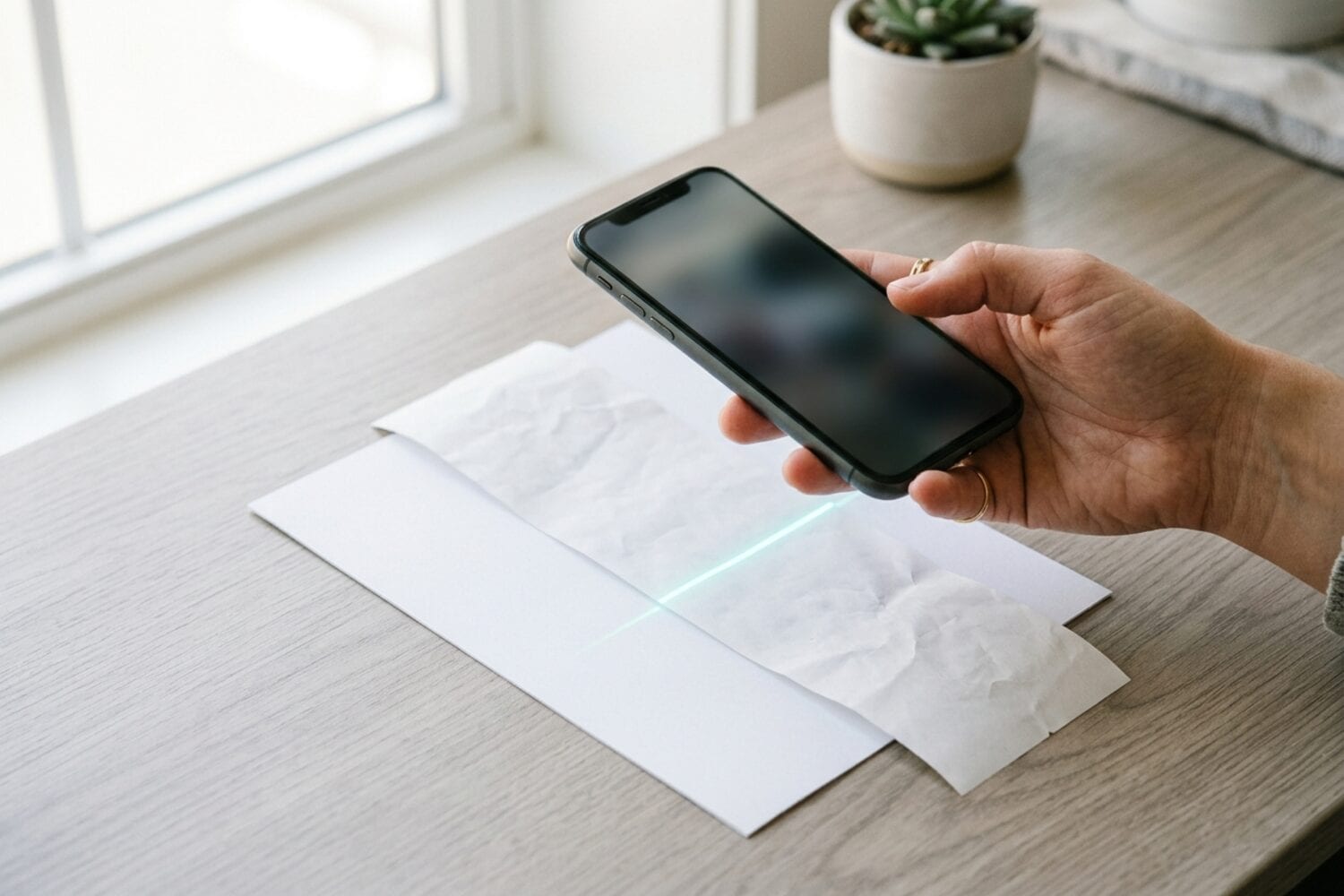 Une main numérisant un ticket de caisse froissé et un formulaire avec un iPhone sur un bureau clair près d'une fenêtre