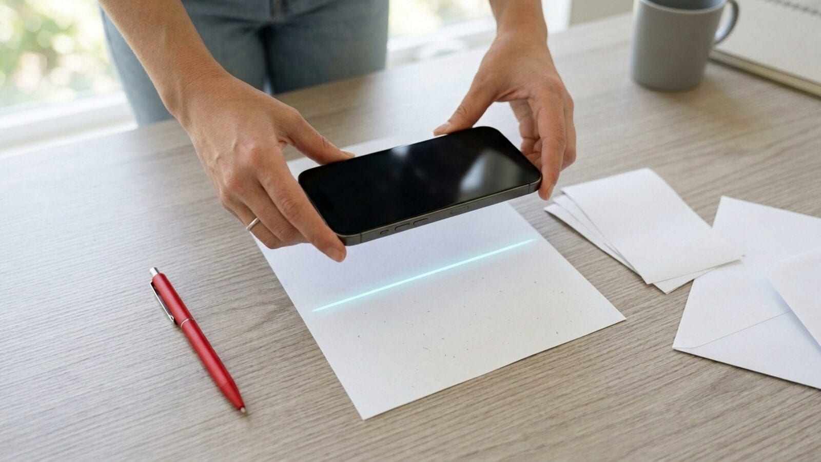 Mains tenant un iPhone au-dessus d'une feuille blanche traversée par une fine ligne de scan cyan, avec des papiers et des enveloppes sur un bureau clair