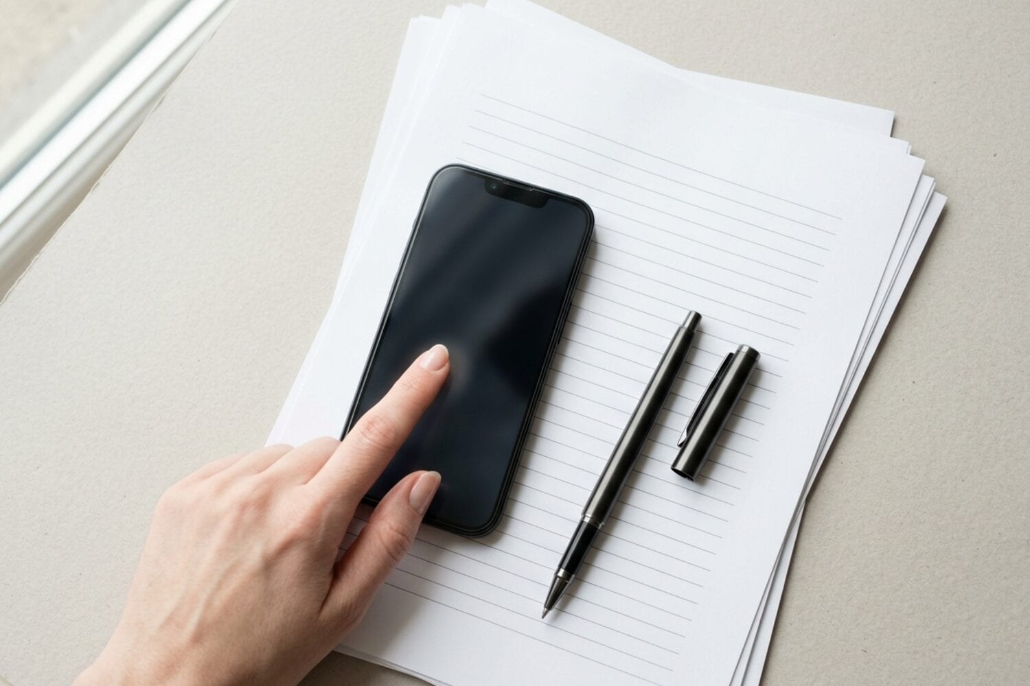An iPhone lies on top of a printed multi-page lease while a finger taps the screen and a pen rests unused beside it