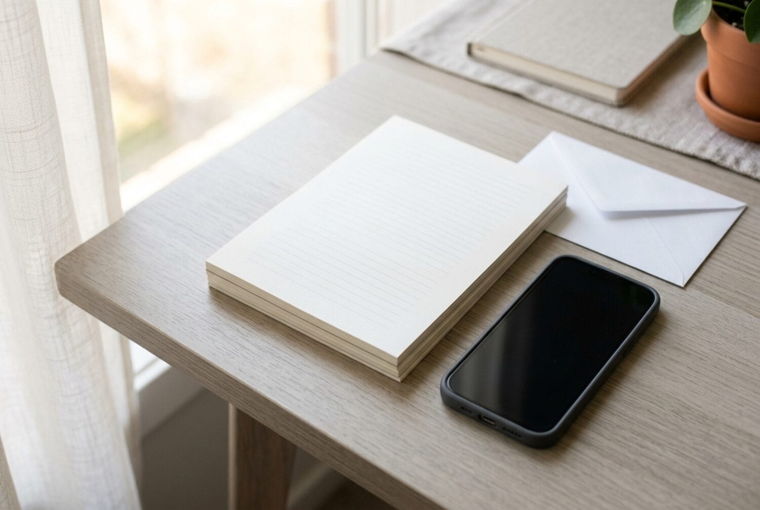 Une pile de feuilles et une enveloppe blanche à côté d'un iPhone à l'écran sombre, sur un bureau clair