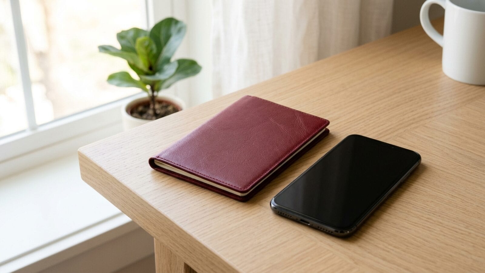 A closed dark-red passport-style booklet and an iPhone with a dark screen on a light desk by a window