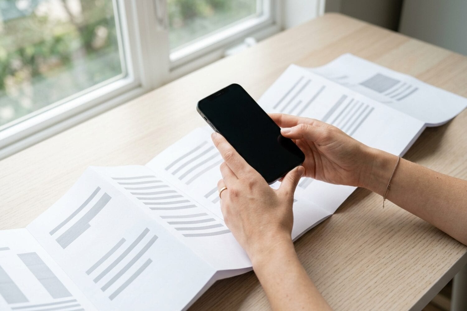 Zwei Hände halten ein iPhone mit dunklem Bildschirm über ein langes gedrucktes Dokument, das auf einem Tisch am Fenster ausgebreitet ist
