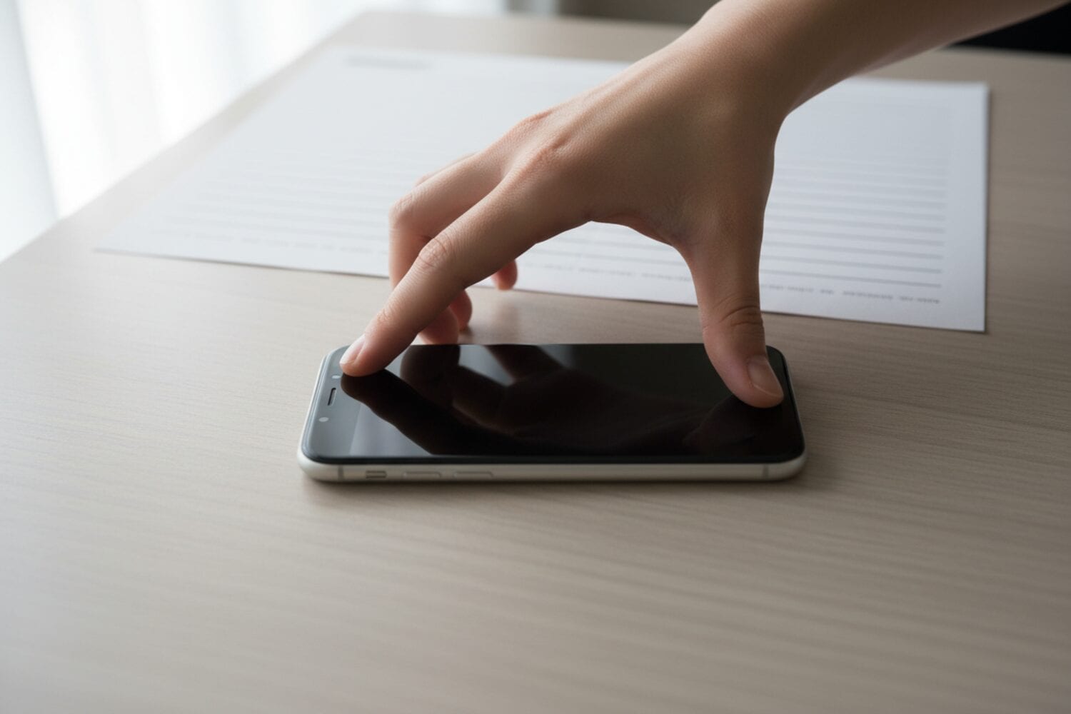 Um polegar e um indicador afastados sobre a tela escura de um iPhone apoiado em uma mesa clara