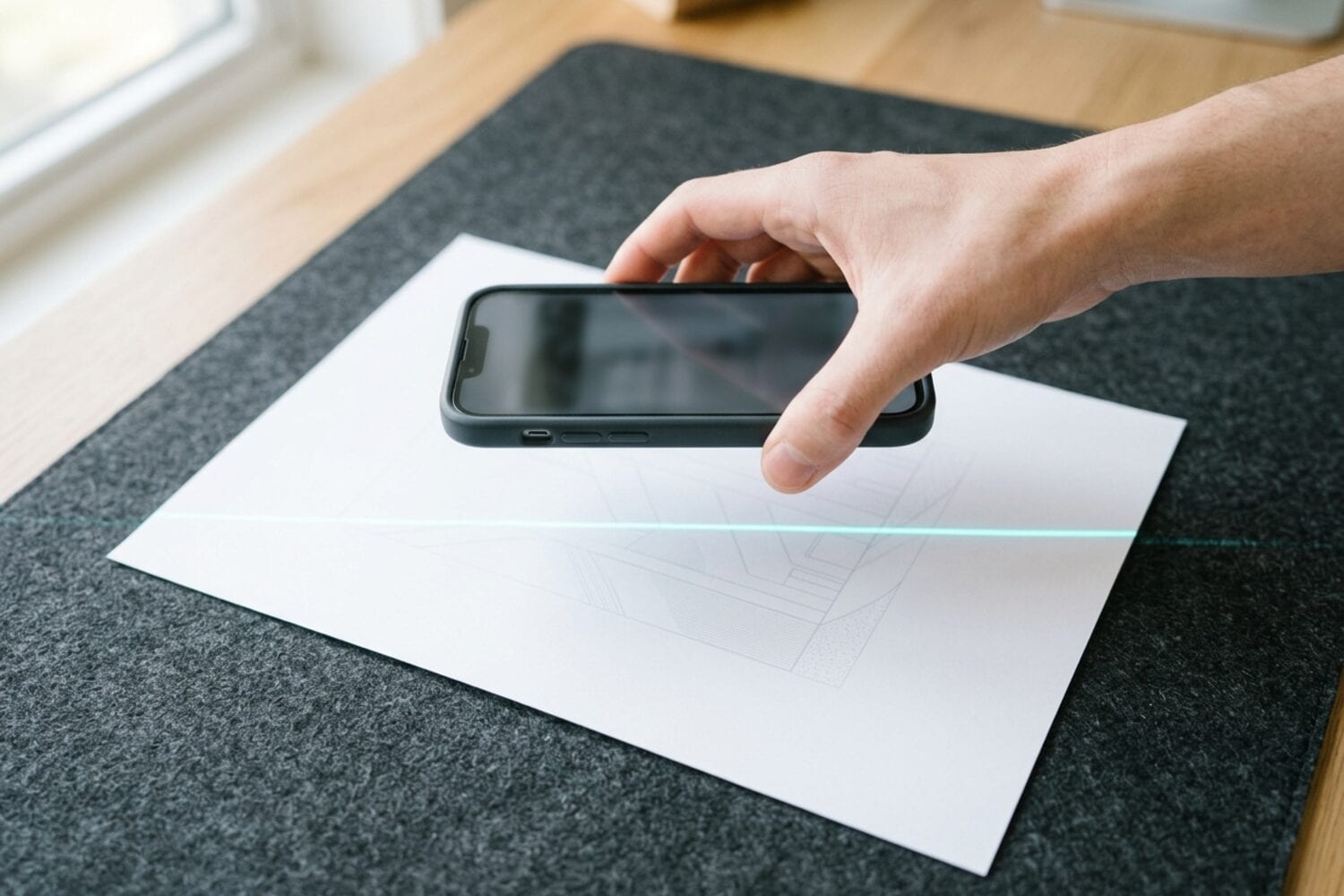 A hand holding an iPhone flat and parallel above a white sheet of paper on a dark desk mat