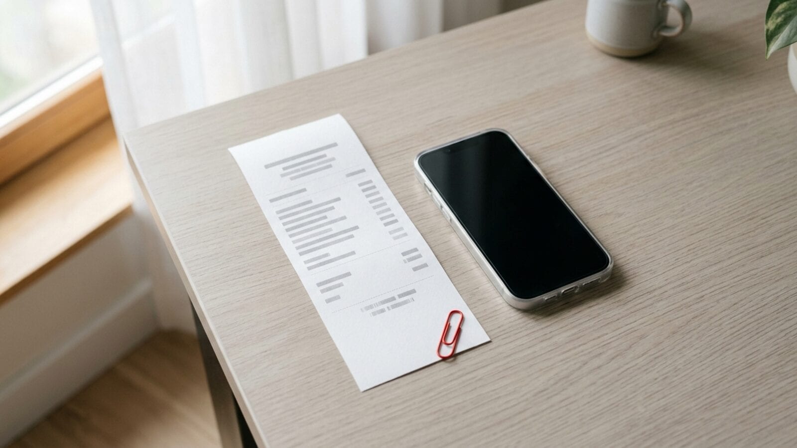 Um recibo de papel ao lado de um iPhone com a tela escura sobre uma mesa clara