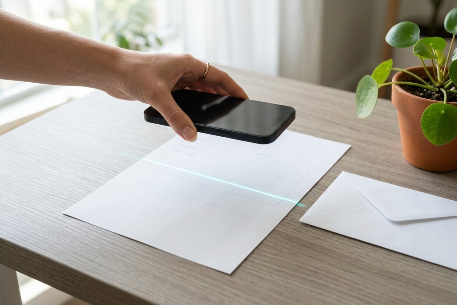 Eine Hand hält ein iPhone über ein Papierformular, während eine dünne cyanfarbene Lichtlinie über die Seite läuft
