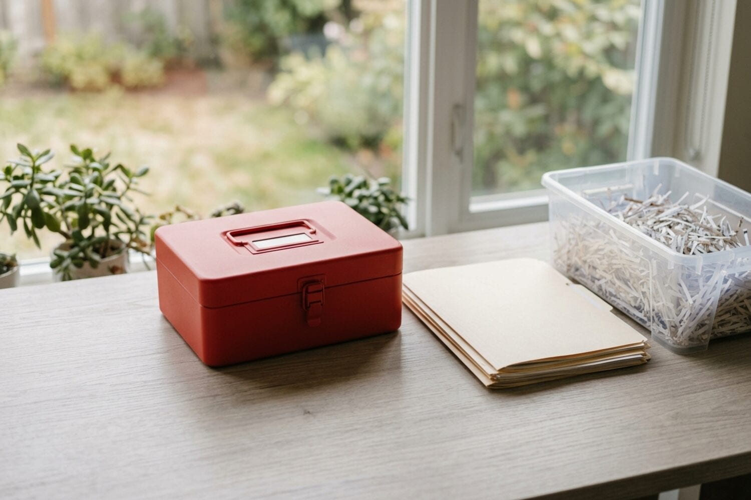 A red document box for original papers next to a folder and a bin of shredded paper on a desk by a window