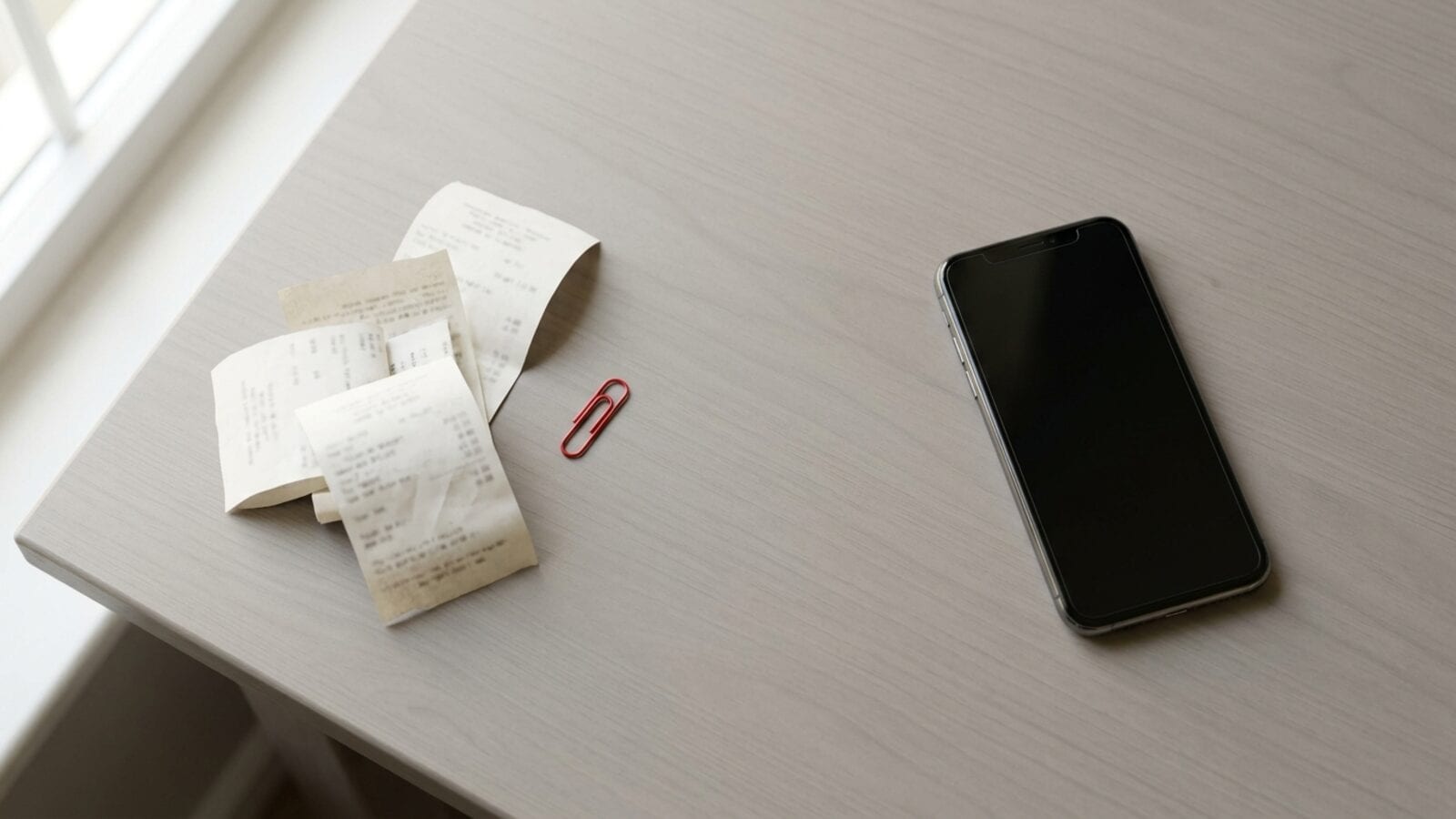 Alguns recibos de papel, um clipe vermelho e um iPhone com a tela escura sobre uma mesa cinza-clara
