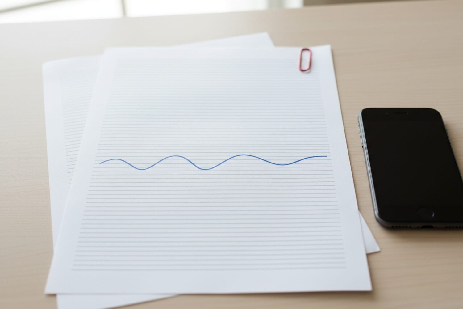Deux pages imprimées sur un bureau clair, l'une avec une ligne de signature à l'encre bleue, un trombone rouge et un iPhone à l'écran sombre