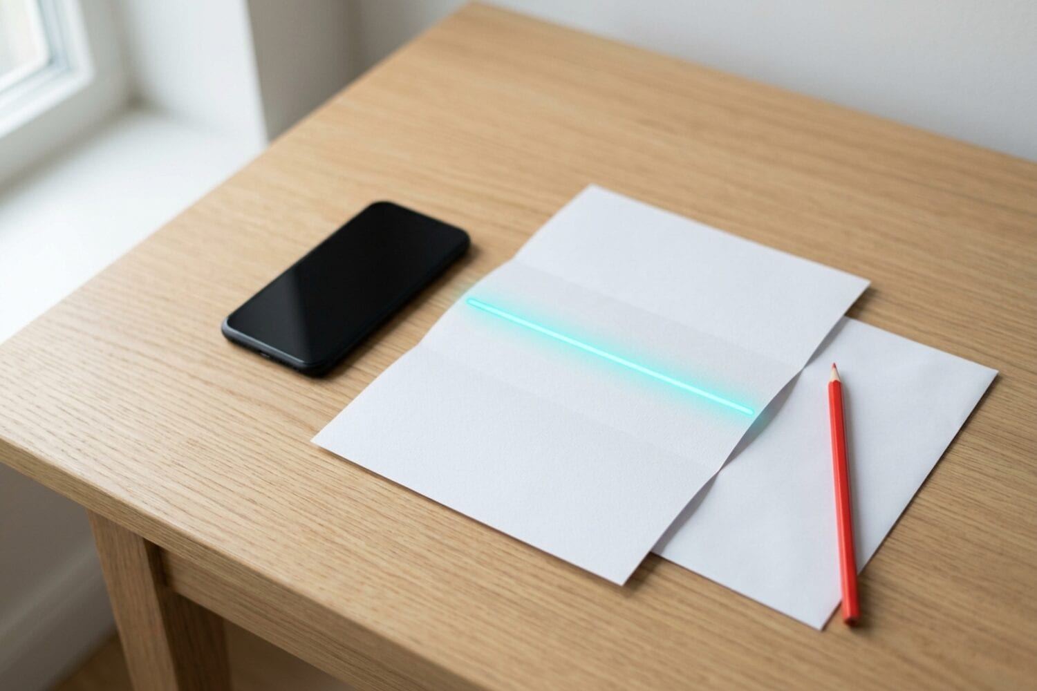 An iPhone rests next to a plain envelope and a folded sheet while a thin cyan light line crosses the paper