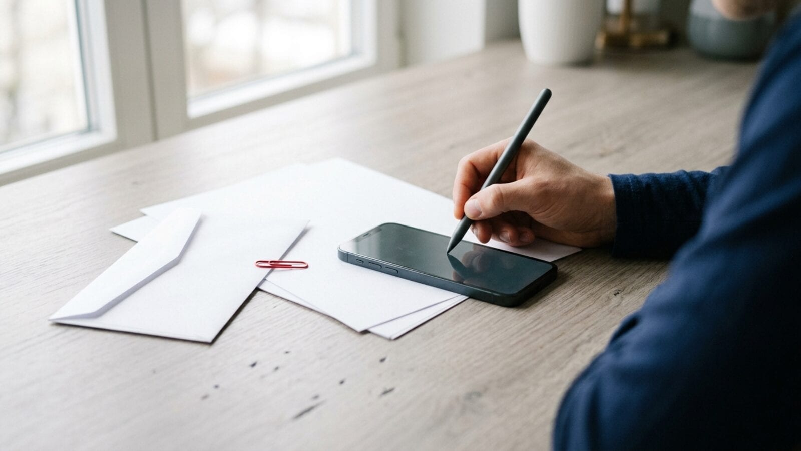 Une main signe avec un stylet sur un iPhone posé sur un bureau clair, à côté de feuilles blanches et d'une enveloppe