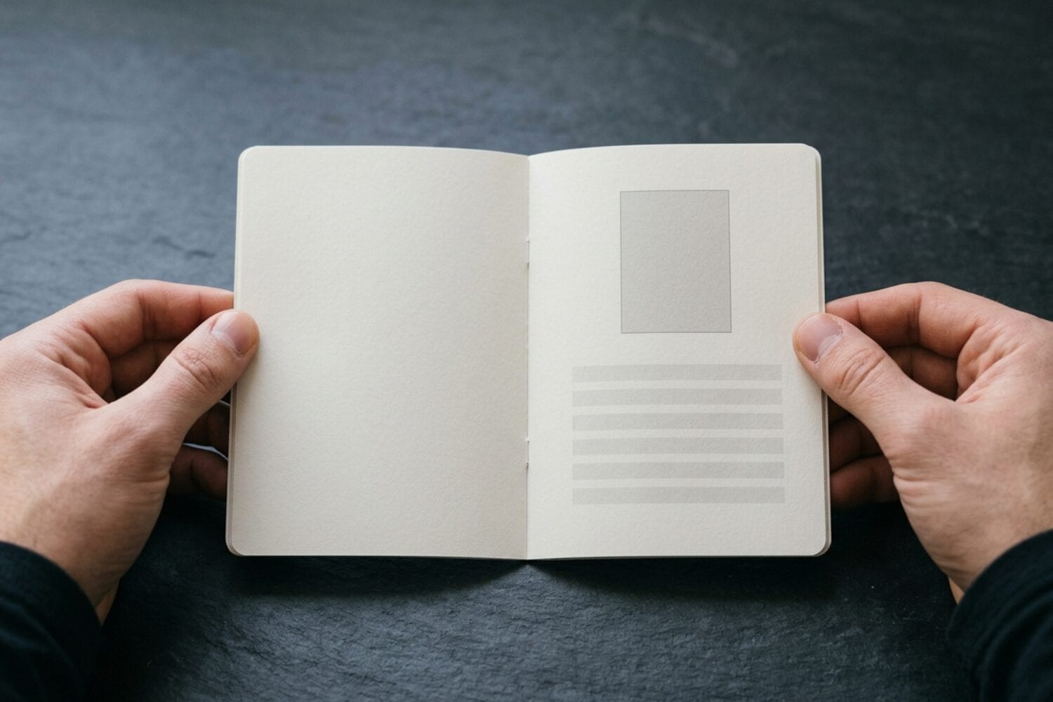 Two hands holding an open passport-style booklet flat on a dark slate surface, fingers at the outer edges