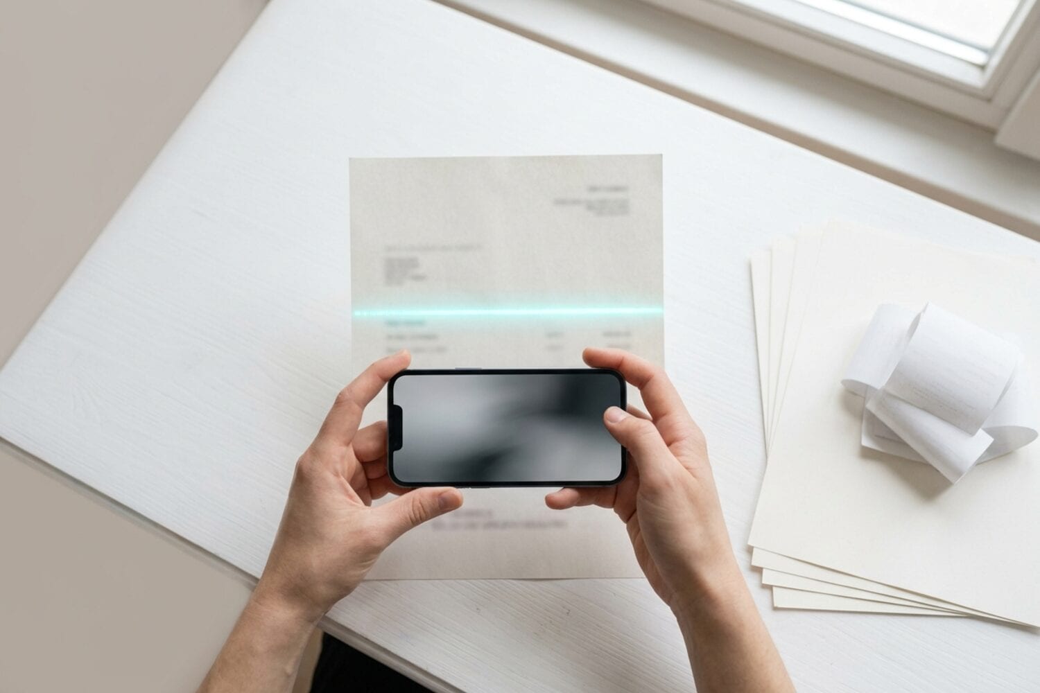 Hands holding an iPhone over a sheet of paper on a white desk while a thin cyan line scans the page