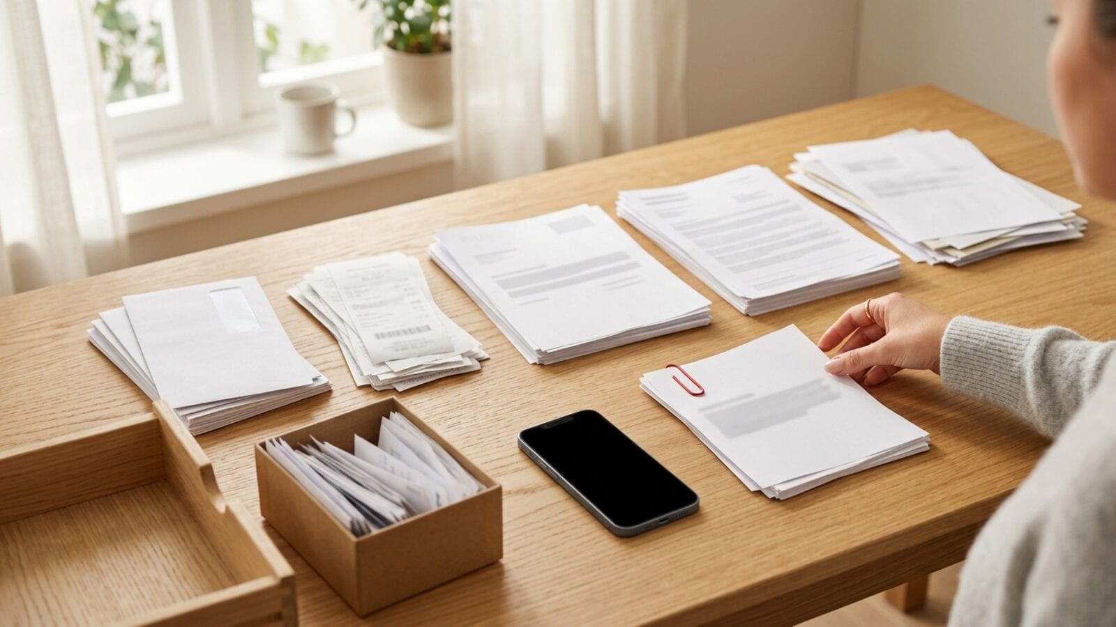 Piles de documents papier et d'enveloppes triées sur une table près d'une fenêtre, avec un iPhone et un tiroir vide