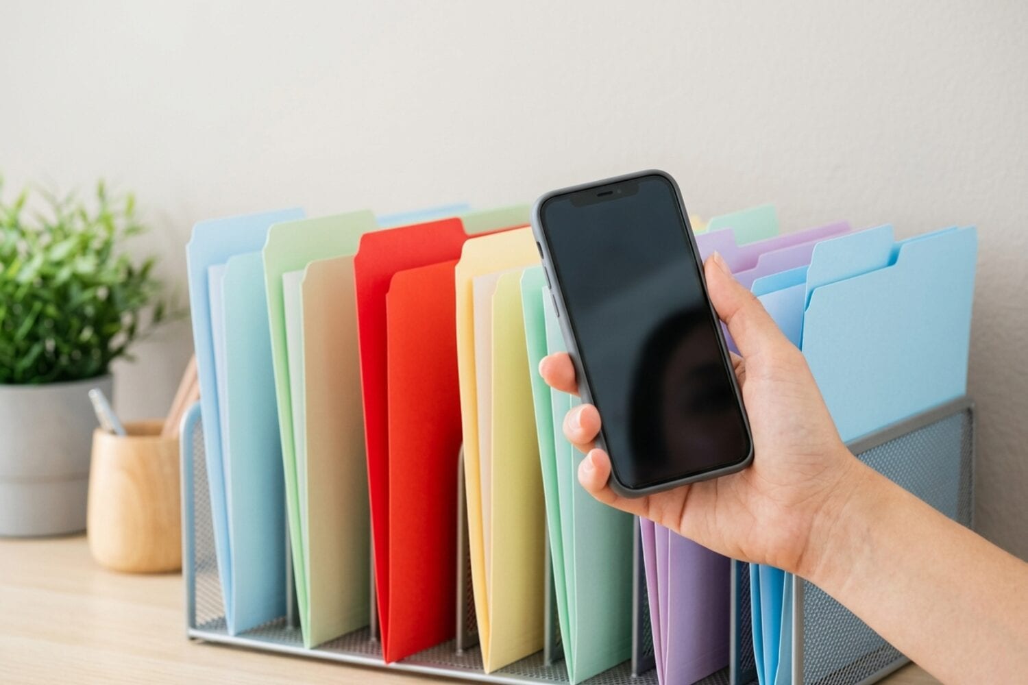 Une main tient un iPhone devant une rangée de chemises en papier de couleur