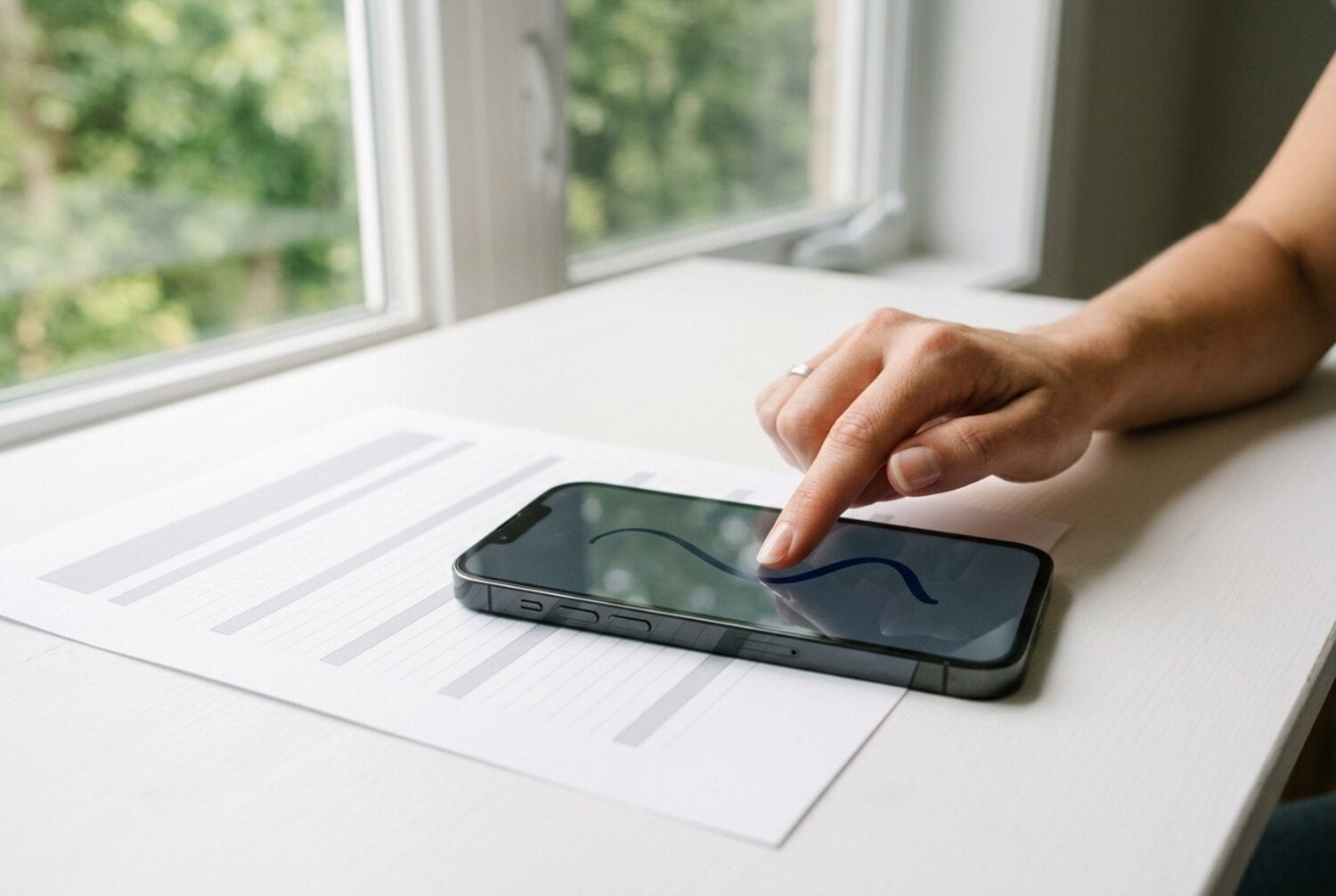 Un bout de doigt trace un trait d'encre fluide sur un iPhone posé à côté d'un bail imprimé, sur un bureau blanc