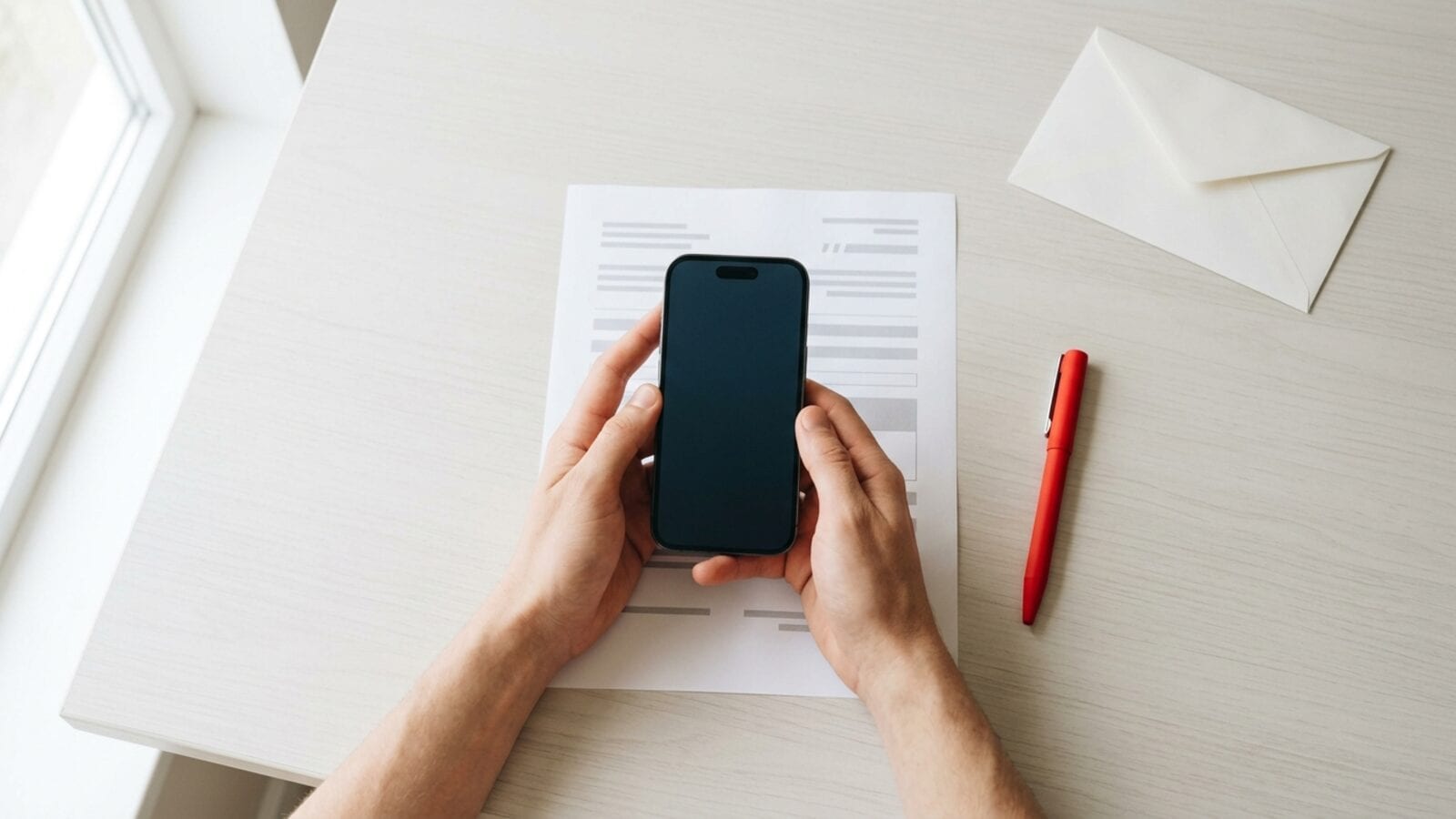 Mains tenant un iPhone au-dessus d'un formulaire imprimé sur un bureau clair près d'une fenêtre, avec un stylo à côté de la feuille