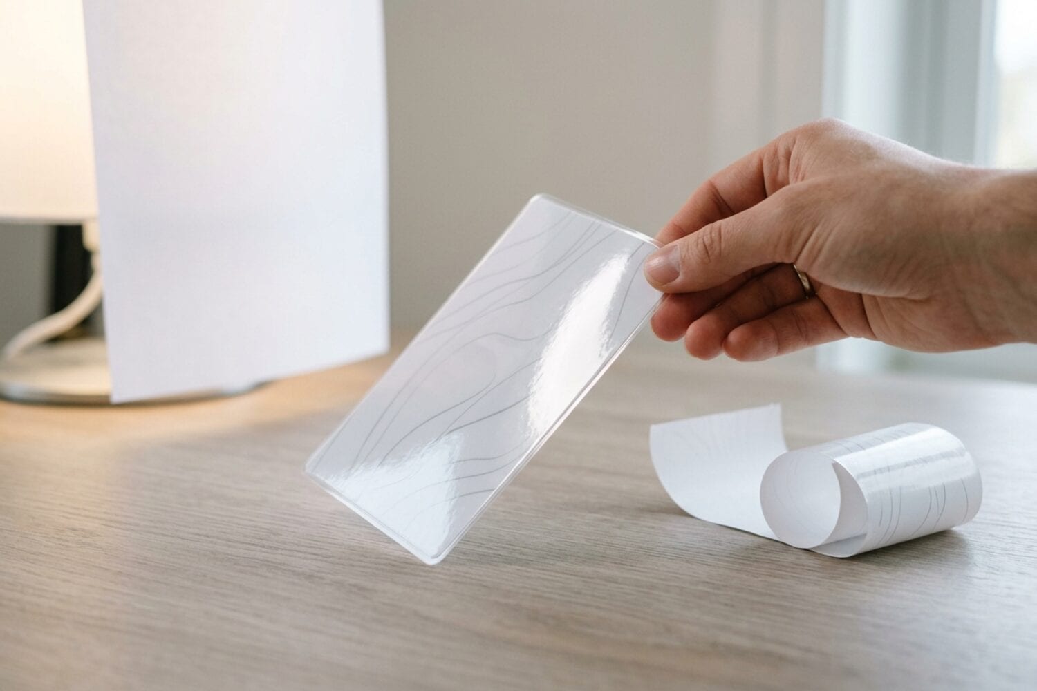 A hand tilting a glossy laminated card so the reflection slides away, with a curled receipt and a paper diffuser in front of a lamp