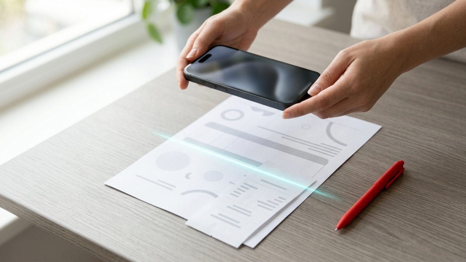 Mains tenant un iPhone au-dessus d'un formulaire imprimé et d'un ticket de caisse, sur un bureau clair près d'une fenêtre