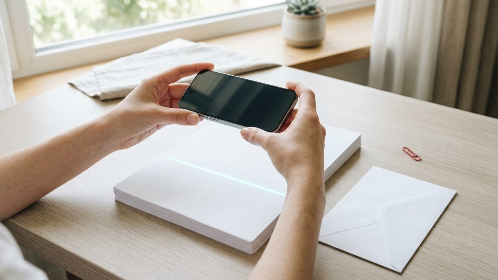 Mains tenant un iPhone au-dessus d'une pile de feuilles blanches et d'une enveloppe sur un bureau clair près d'une fenêtre