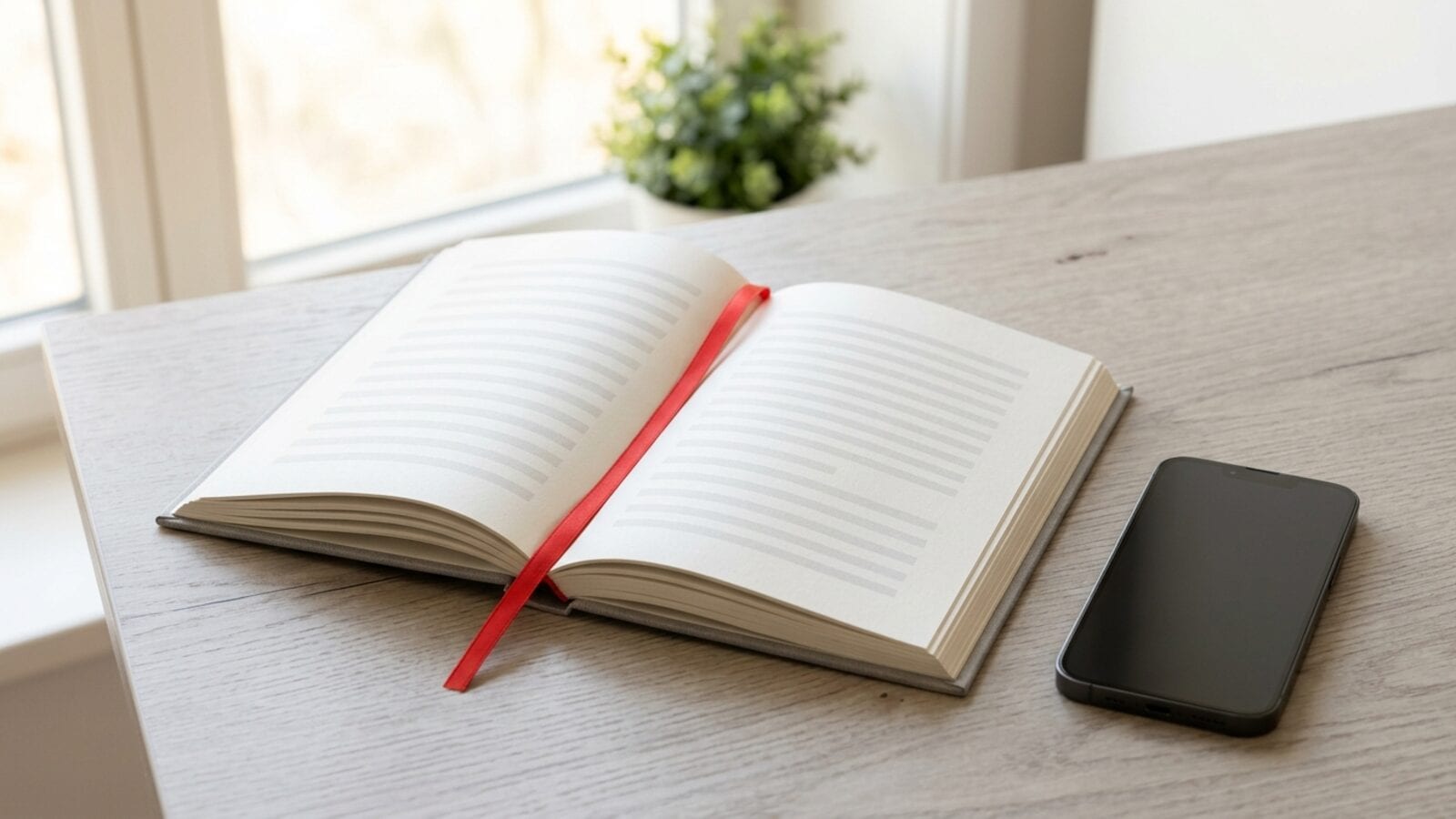 Ein aufgeschlagenes gebundenes Buch mit rotem Lesebändchen auf einem hellen Schreibtisch am Fenster, daneben ein iPhone mit dunklem Bildschirm