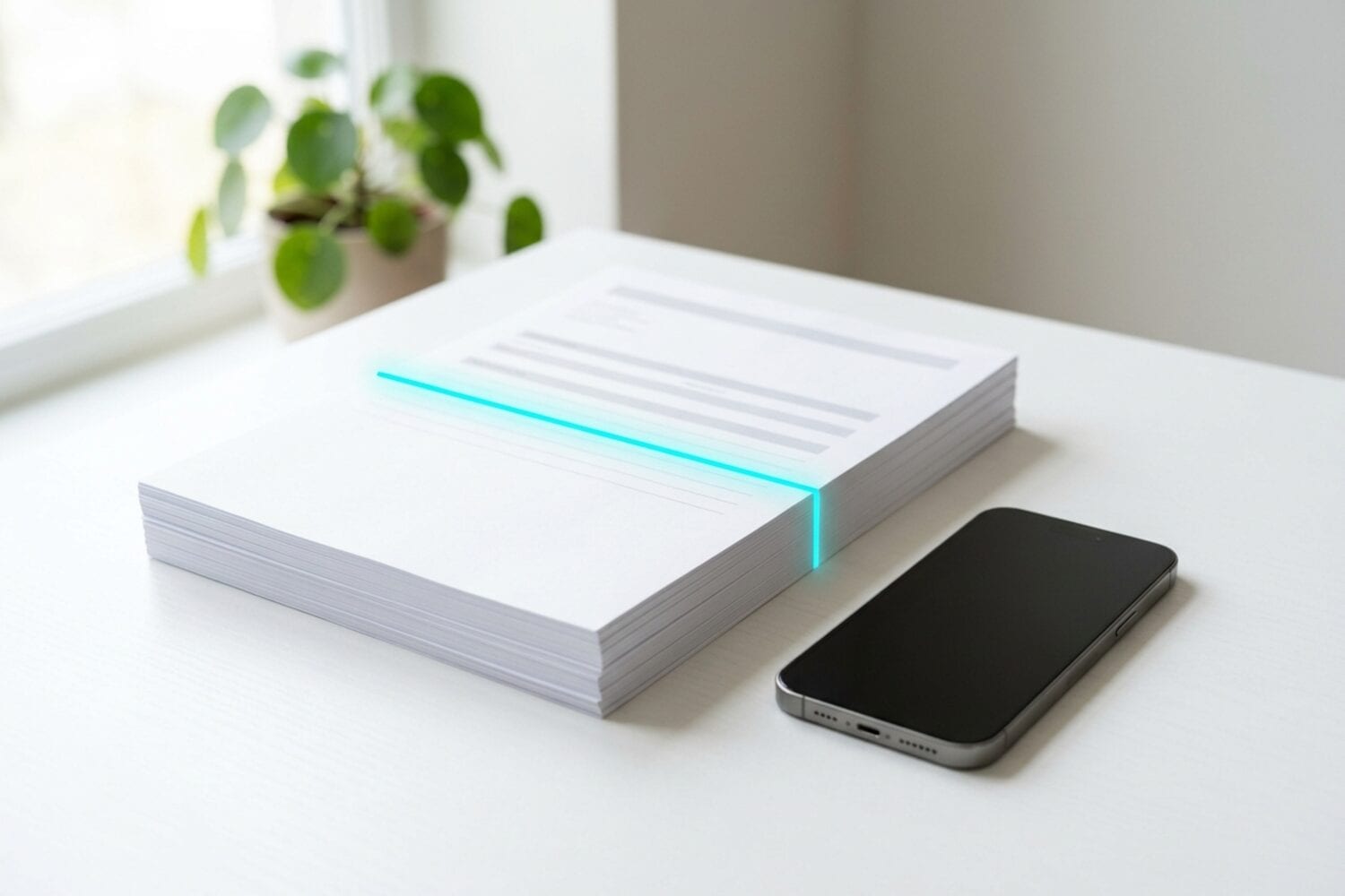 Ein Stapel Papierdokumente mit einer dünnen cyanfarbenen Lichtlinie über dem obersten Blatt, daneben ein iPhone mit dunklem Bildschirm