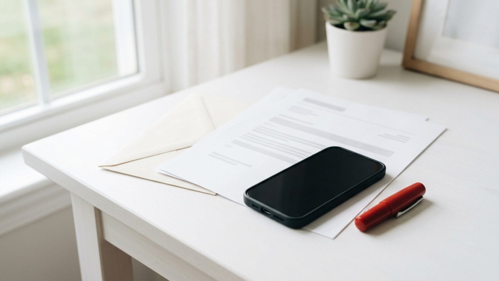 Un iPhone à l'écran sombre posé sur les pages d'un contrat imprimé, à côté d'une enveloppe et d'un stylo rouge, sur un bureau clair