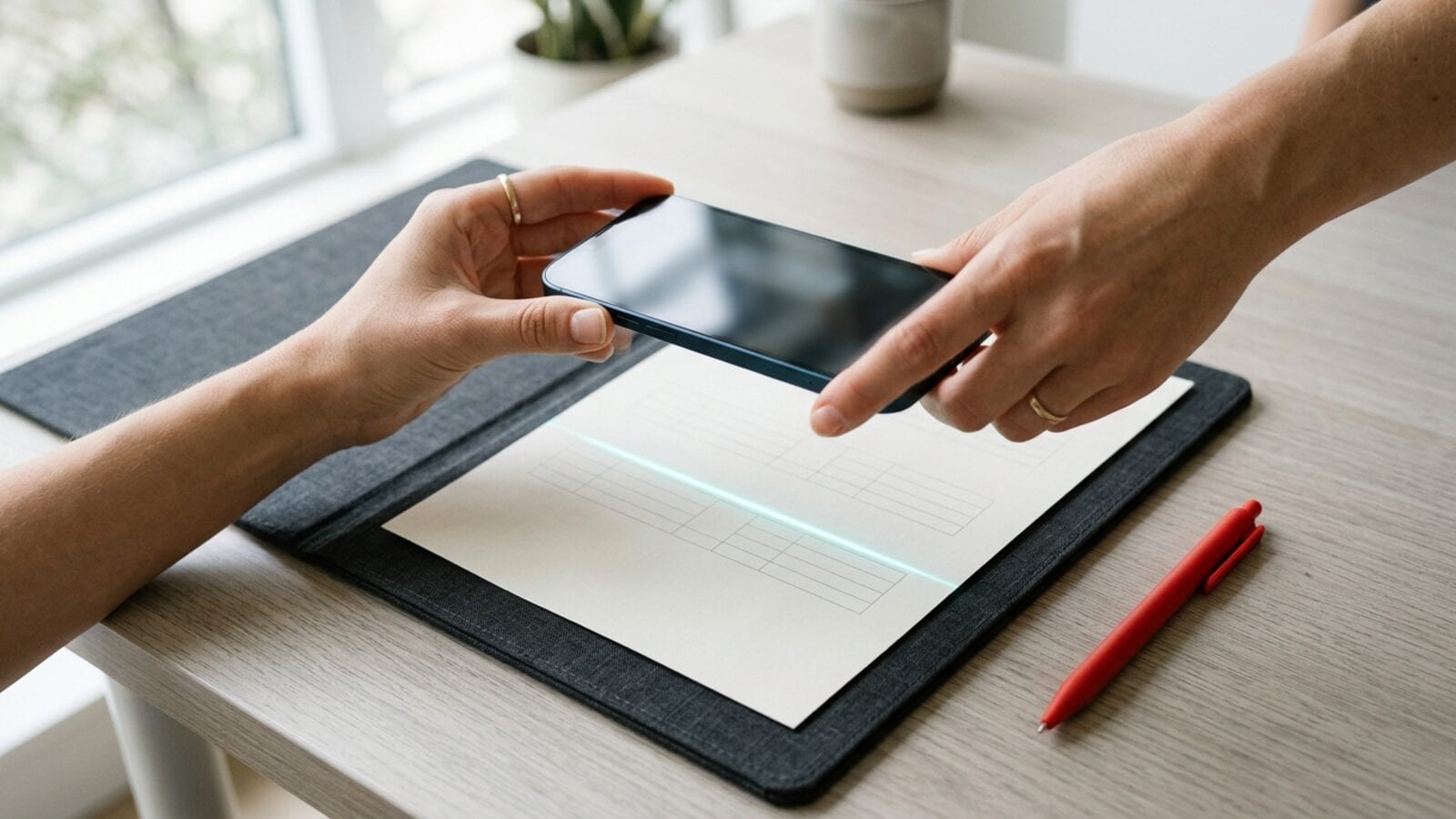 Des mains tiennent un iPhone au-dessus d'une page imprimée sur un bureau lumineux, une fine ligne de lumière cyan traverse le papier