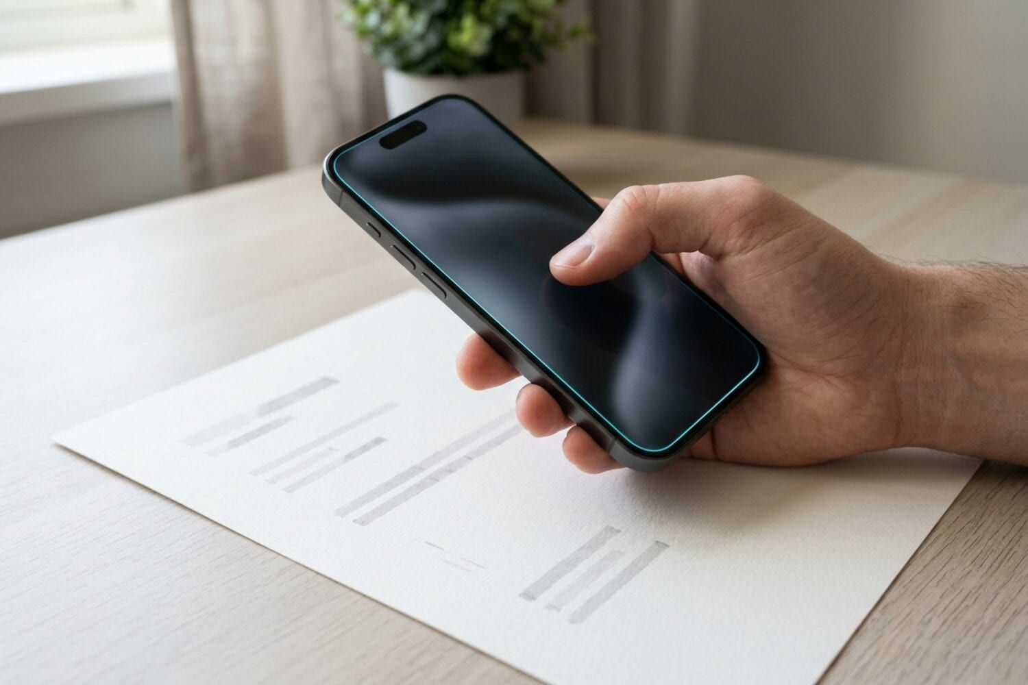 Un pouce sur un iPhone tenu au-dessus d'une page de contrat sur un bureau