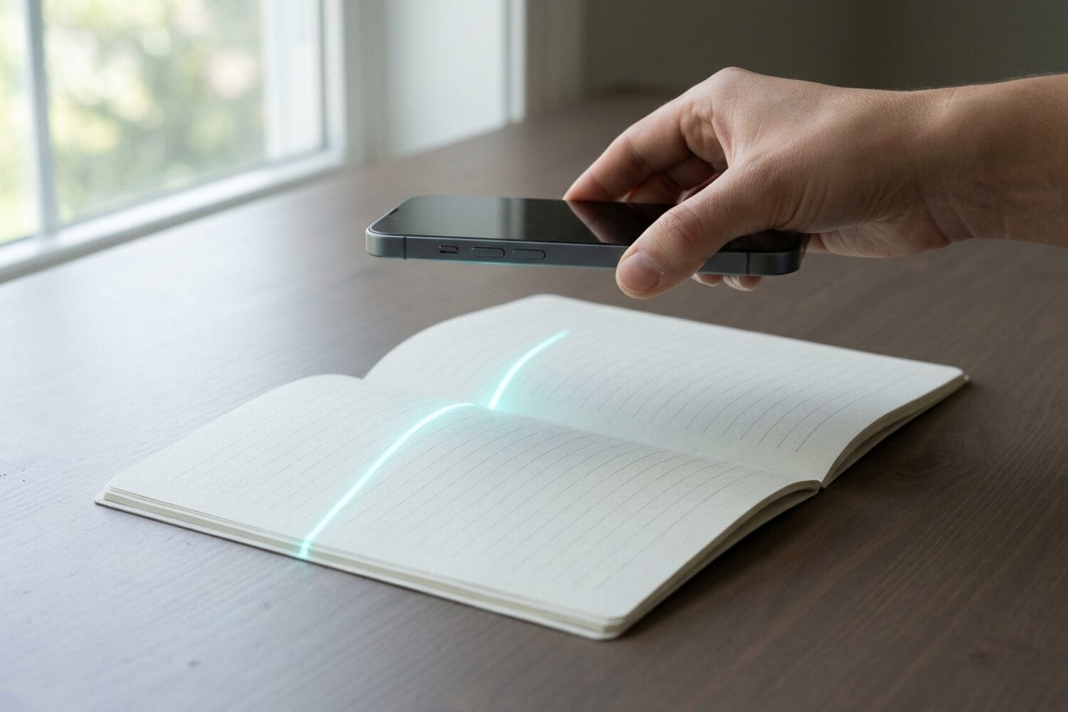 A hand holding an iPhone flat and parallel above an open booklet on a dark desk near a window