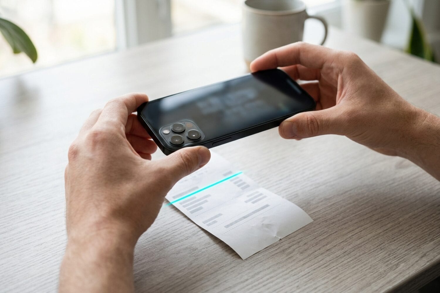Duas mãos seguram um iPhone sobre um recibo de loja para escaneá-lo